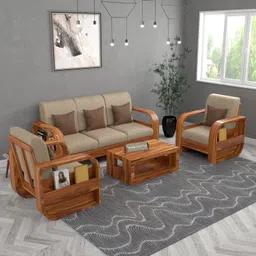 NutriWay Furniture Solid Sheesham Wood 5 Seater Sofa Set (3+1+1) | Stylish & Durable Wooden Sofa for Living Room & Office | Elegant Five Person Sofa for Home Décor (Honey Finish, Luke 5, Seater) image 1