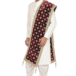 sneh Men's Velvet Polka Gold Print Sherwani Dupatta with Tassels (Maroon,Free Size) image 2