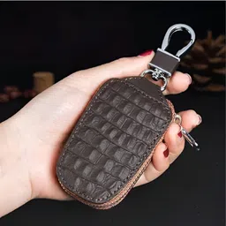 simois Genuine Leather Car Remote Key Case Unisex Men's & Women's Premium Checkered Pattern Leather Car Key Holder Car Key Fob Case Key Case Cover Holder with Zipper (Pack of 2, Black) image 3