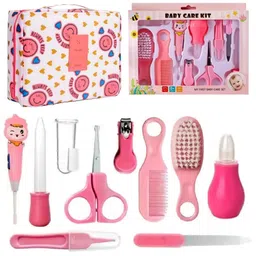 VIULVUK Essential Manicure Grooming Kit for Kids with Storage Bag | 10 in 1 Healthcare Accessories Set to Keep Infants & Toddlers Clean | Perfect Nursery Gift for New Born Baby (Pink) image 1
