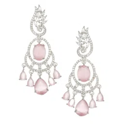 zeneme Rhodium-Plated American Diamond Studded Oval & Leaf Shaped Drop Earrings For Girls and Women image 1