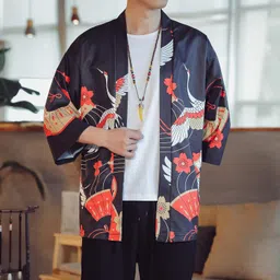 prijouhe Men's Lightweight Kimono Jacket Seven Sleeve Open Front Cardigan Coat Japanese Style Bathrobe image 4