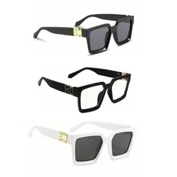 pc star | Full Rim Square Branded Latest and Stylish Sunglasses | 100% UV Protected And Driving Sunglasses | Men & Women | Medium | Black And White Frame/Black And Clear Lens - Pack of 3 image 1