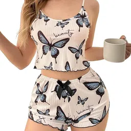 luxzii - a touch of luxury LUXZII Butterfly Print Women's Pajama Set - Cute 2-Piece Sleepwear with Camisole and Shorts for Summer Lounge, Women Night Cami Top and Shorts for Night Wear image 1