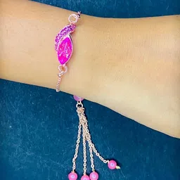 mahi Rose Gold Plated Pink Crystals Studded Simple and Classic Lumba Rakhi for Bhabhi (RAL1100805ZPin) image 2