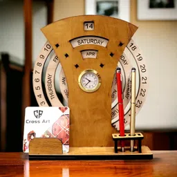 teak wood WOODEN CALENDAR WITH DESK ORGANIZER AND CLOCK - PREMIUM DARK WOOD ANTIQUE LOOK FOR OFFICE AND HOME DECOR,CORPORATE GIFTS, ECO-FRIENDLY DESIGN AND TABLE DESK, DECORATIVE GIFTS SIZE 9.5 * 7 * 2 IN image 2