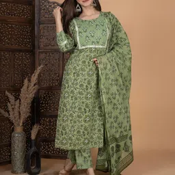 meera fab Women's Cotton Printed Straight Kurta with Palazzo & Dupatta Set with Yoke image 5