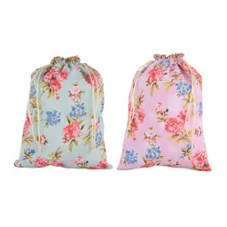 kuber industries 2 Pcs Silk Drawstring 9x12 Inch Medium Potli Pouch | Goodie Bags for Return Gift | Shagun Potli for Gifting | Wedding & Baby Shower Goody Pouch | Digital Flower - Green & Pink image 1