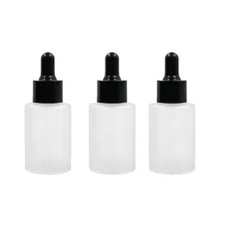 Happy Packaging 30ML Clear Frosted Flat Shoulder Round Empty Glass Bottle | Glass Dropper | Black Sleeve | Silcon Black Teat | Refillable | Leak Proof For Essential Oils | DIY serums (3) image 1