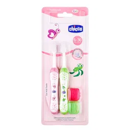 Chicco Baby Toothbrush for Infants (6m-36m), Set of 2 | Extra Soft Tapered Bristles ideal for Milk Teeth | BPA Free (Pink, Green) image 2