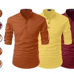 zombom Men's Combo Cotton Blend Solid Mandarin/Chinese Collor Full Sleeve Kurta Shirt (Pack of 3) image 4