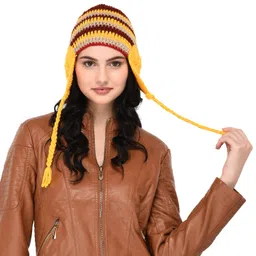 vr designers Women's Braided Hand Knitted Woollen Beanie Cap (Maroon, Yellow and Beige, Free Size) image 1