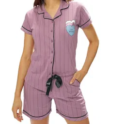 lotik Women's Cotton Strip Print Shirt & Shorts Night Suit Set image 4