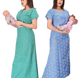 ankona Cotton Feeding Nighty COMBO in Mix Cotton with Two Side Zips for Baby Feeding Purpose and Neck Buttons For Comfortable Wearing . A Mix Cotton Feeding Nighty with zip , maternity nighty for women Cotton feeding nighty (Maternity Nighty) Combo Pack image 4