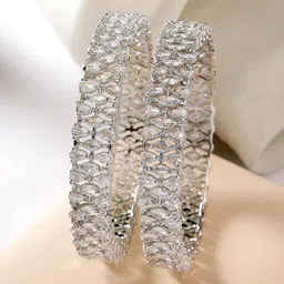 zeneme Rhodium-Plated Silver Toned White American Diamond Studded Bangle Set for Women and Girls image 3