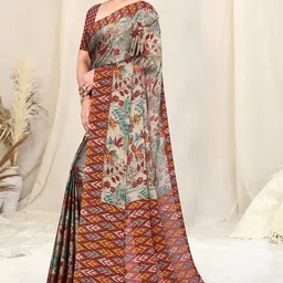 mirchi fashion Women's Stylish Chiffon Botanical Printed Saree with Blouse Piece image 5