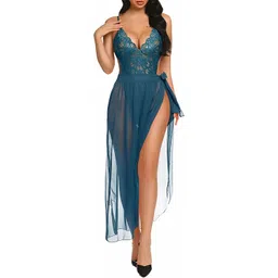 klovvy Women’s Babydoll One Piece Self Design Lingerie Deep V Neck Lace Bodysuit Mosaic Lace Teddy Mesh Skirt for Honeymoon Night & Bedroom Wear Nighty image 1