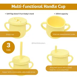 THE LITTLE LOOKERS Baby Feeding Set | Silicone Baby Feeding Set | Adjustable Bib, Suction Plate, Suction Bowl, Cup, Straw Lid, Spout Lid, Snack Lid, 2 Set of Spoon and Fork (Set of 9) (Yellow) image 3