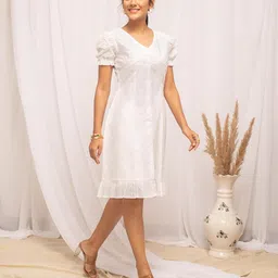 fiorra Women's White Schiffli Work Cotton Skater Dress image 4