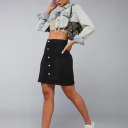 miss chase Women's Black Stretchable Solid A-line Mini Denim Skirt image 3