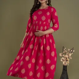 sukriti SukritiWomen's Maternity Gold Printed Dress Dual Zipped for Feeding Nursing Maternity Comfort Dress Kurti image 4