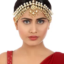 karatcart Gold-Tone Pearl Beads and Tassels Kundan Mathapatti image 4