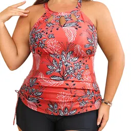 aqua eve Women Plus Size Two Piece Swimsuit High Neck Tankini Tummy Control Bathing Suit with Shorts, Red Floral, 18 Plus image 3