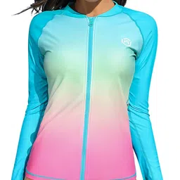 attraco Women's UPF 50+ Front Zipper Sun Protection Swimsuit, Blue, pink, M image 1