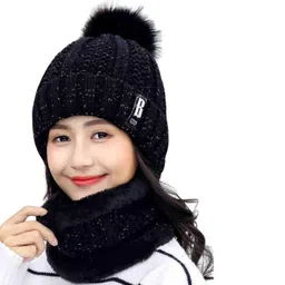 tomorrow fashion Tomorrow Women's Winter Woolen Beanie Cap and Neck Scarf Warmer Set Snow Proof, Inside Fur, Warm Woolen Cap for Women, Girl's (Free Size) image 1