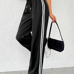dockstreet Straight Wide fit Long Length Side Striped Trouser Style Drawstring Casual Trouser for Women/Trending Style, Relaxed Lounge Casual Pants for Women image 2