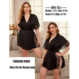 ssoshhub Lingerie for Women Satin Sleeping Robe Eyelash Lace Kimono Side Split Sexy Silk Robes image 5