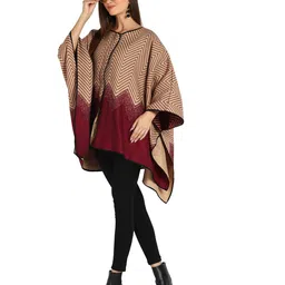 essentiele Woollen Tweed Herringbone Marroon Beige ethnic cape/PONCHO FOR WOMENS image 3