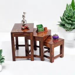 Nishant Handicraft Solid Sheesham Wood Nesting Table for Living Room | Wooden Nesting Tables Stools Set of 3 Pieces for Decor | Sofa Side Peg Table Set for Home image 1