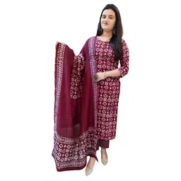 bharvita Women's Cotton Blend Straight Printed Kurta with Pant & Dupatta image 1