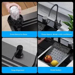 inkspot Waterfall and Pull-down Faucet/304 Grade Stainless Steel Multifunctional Waterfall Kitchen Sink 304 Grade All in One 30x18 inch Vessel Sink (30X18X9 INCH image 5