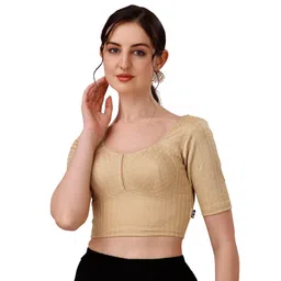 sft Round Neck Cotton Lycra Stretchable Elbow Sleeves Readymade Saree Blouse for Women Stylish image 1