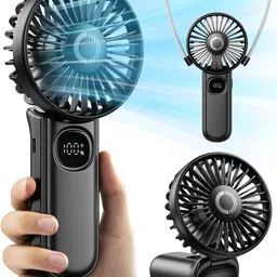 coldsky Mini Portable Hand Fan, 3000mAh Rechargeable USB Small Desk Fan with LED Display, 90° Foldable Cooling Fan with Lanyard Neck Fan for Women, Makeup, Office, Travel, Outdoor (Black) image 1