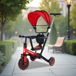 4-in-1 Trot n’ Roll | with Sunshade | 3 Mute EVA Wheels | Big Wheel Hub | Music & Light | Steel Frame | Non-Slip Tyres | Extendable Handle | Convertible to Balance Bike | (Red) (2-6 Years) image 1