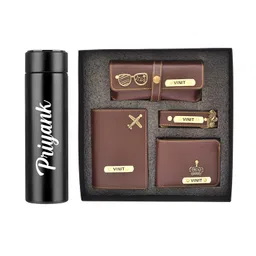 your gift studio Customized Leather 5 Pcs Gift Set | Personalized Birthday Gift for Men, Brother, Father, Husband with Name Engrave | Customized Gift Hamper Brown image 1