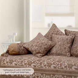 Victor Coral Fabric Soft Finish Splash Woven Jacquard Diwan Set - 8 Pcs (Bed Cover - 60"x90", 2 Bolsters - 16" x 32" & 5 Cushion Covers - 16" x 16") Mouse image 2