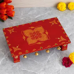 generic Ramkripa Art Chowk Purna Designed Wooden Chowki/Patla | Wooden patla for puja -12" (Length) x 8"(Width) x 2.5" (Height) Inch image 3