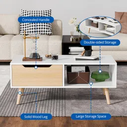 Cozy Castle Modern Coffee Table, Wooden Cocktail Table with Storage, Minimalist Hallway Table, Mid Century Modern Coffee Table for Living Room Apartment Reception, White image 3