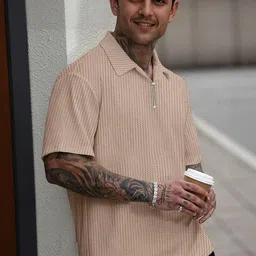 jump cuts Mens Textured Polo Half Sleeve Beige Cotton Blend Polo Tshirt image 3