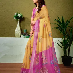 siril Women's Cotton Linen Printed Readymade Saree 1 Minute Ready to Wear Saree With Unstitched Blouse Piece image 2