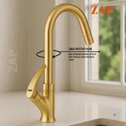 Zap Gold Swan Neck Kitchen Sink Tap with 360° Swivel Spout | Premium Pillar Faucet for Kitchen & Wash Basin | Brass Tap for Sink | Sleek Design | Rust-Resistant | Easy Installation image 3