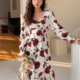 vastravibes Rayon Floral Printed Dress for Women | Casual, Party, Travel & Office wear | White Color Full Sleeve midi (VVD-72-XL) Below The Knee VVD-072/73 image 4