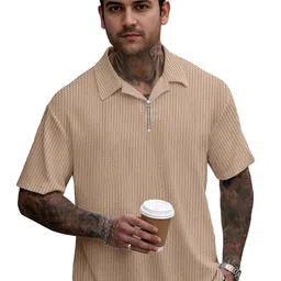 jump cuts Mens Textured Polo Half Sleeve Beige Cotton Blend Polo Tshirt image 1