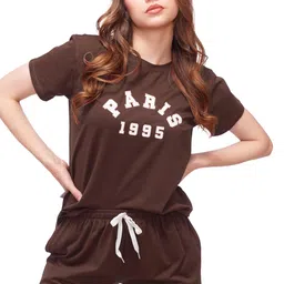 lotik Women Cotton Lycra Solid Top Payjama Paris Print Nightsuit & Tracksuit Set image 2