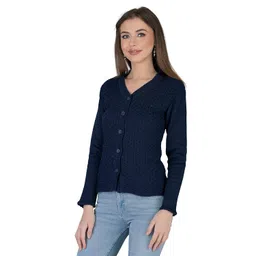 lady willington Women's Woolen V-Neck Self Design Cardigan - Heavy Daffodil Fabric, Winter Wear, Pure Wool, Free Size Long Cotty Fully Warm (XXL, Navy) image 1