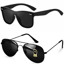 iflash Unisex Square Aviator Glass Lens Sunglasses Black Frame for Men Women, Pack Of 2 image 1